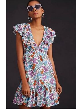 Anthropologie Roller Rabbit Blomst Ondika Floral Ruffle
Mini Dress V-neck Size M